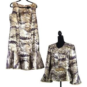 Terramina Collection Jacquard Formal Dress Jacket Set Suit 14 Gold Metallic Bell